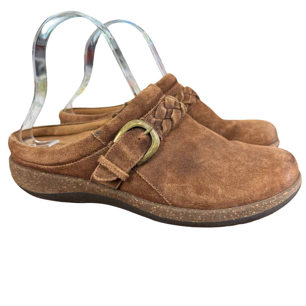 Aetrex Libby Clogs Brown Suede Mules Slip On Leather Comfort Shoes sz 7.5 / 8